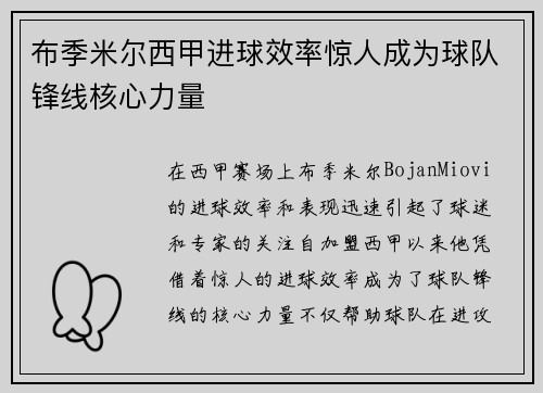 布季米尔西甲进球效率惊人成为球队锋线核心力量
